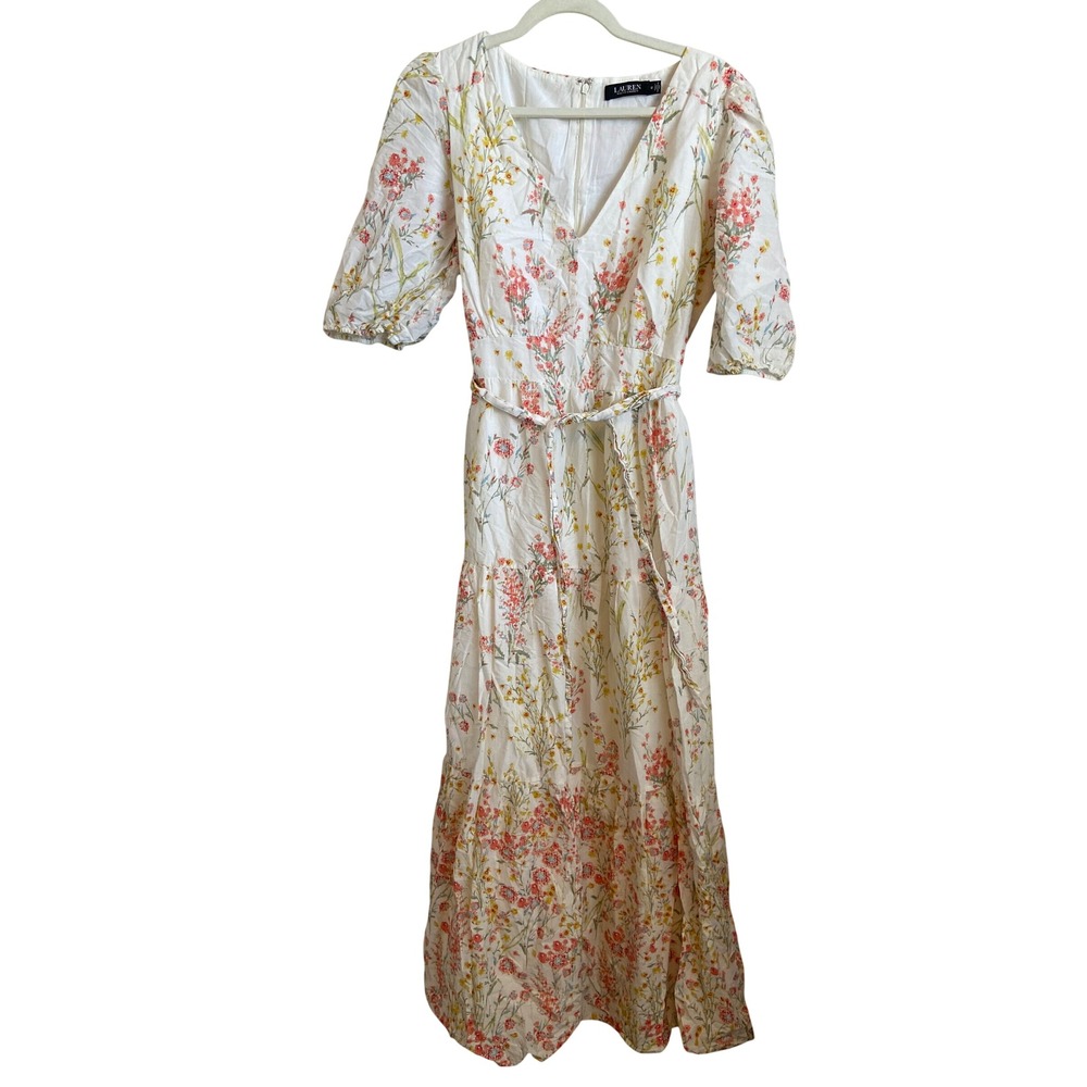 Lauren Ralph Lauren White Floral Cotton Tiered Maxi Dress Puff Sleeve Size 12